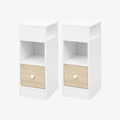 The Range 2PCS Set Narrow Bedside Table Nightstand with 2 Open Shelves and 1 Drawer - White