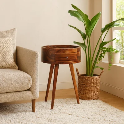 The Range Waialua Honey Sheesham Round Tripod Bedside Table - Brown
