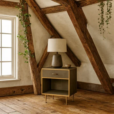 The Range Verona Taupe Shagreen Bedside Table with Brushed Gold Trim - Taupe