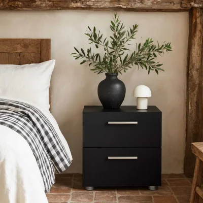 The Range Daejeon Wooden Bedside Table Compact 2 Drawer Nightstand - Black