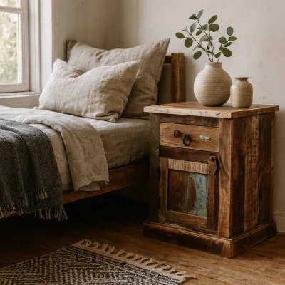 The Range Seattle Reclaimed Wood Bedside Table 1 Drawer 1 Door Rustic Coastal - Brown