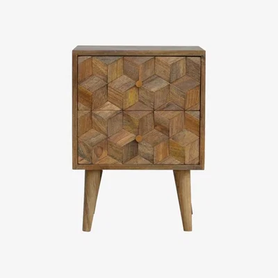 The Range Cube Carved Mango Wood Bedside Table with 2 Drawers - Brown