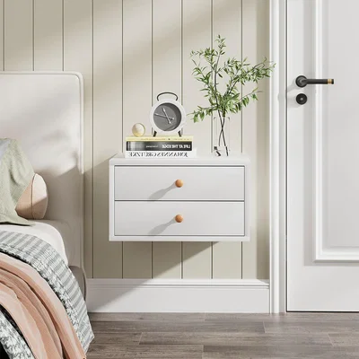 The Range Wall Mounted Floating Bedside Table with Two Drawers - White