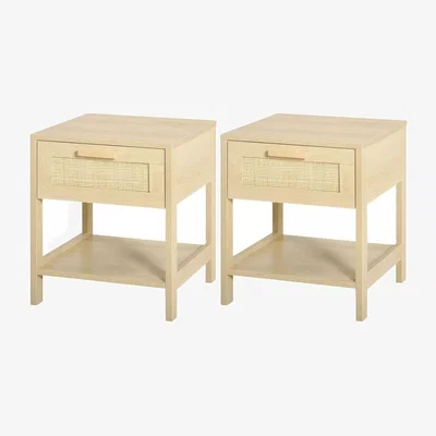 The Range Rattan Bedside Table With Drawer and Shelf Set of 2 - Natural