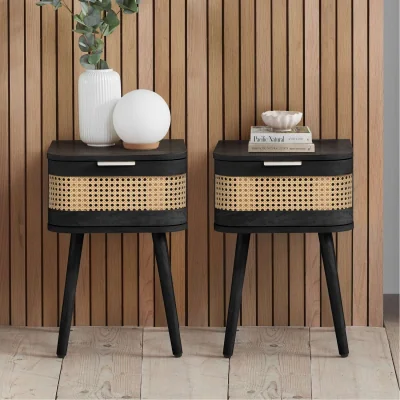 The Range Pair of Rattan Bedside Cabinet 1 Drawer Black Sark  Side Table - Black