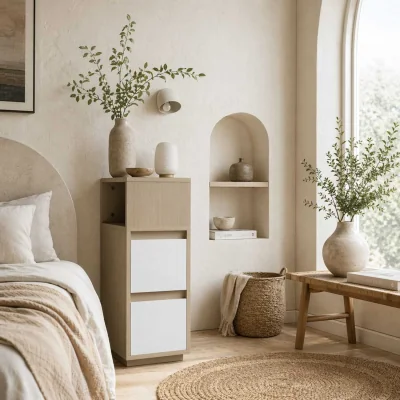The Range Noyo Natural Wood Finish Slim Bedside Table with 2 Drawers and Open Shelf
