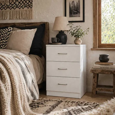 The Range Yotose White Wood 3-Drawer Bedside Table with Silver Metal Handles