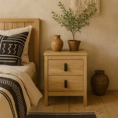 The Range Wildberry Natural Oak Bedside Table, 2 Drawers, Leather Strap Handles - Brown