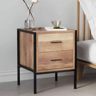 The Range Rustic Coffee Side Table Nightstand with Metal Frame and Two Drawers - Brown