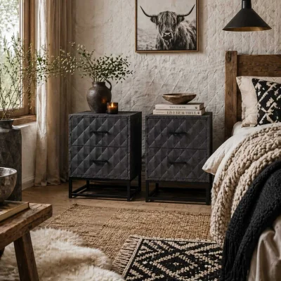 The Range Nonare Set of 2 Grey Bedside Tables with 2 Drawers and Steel Legs