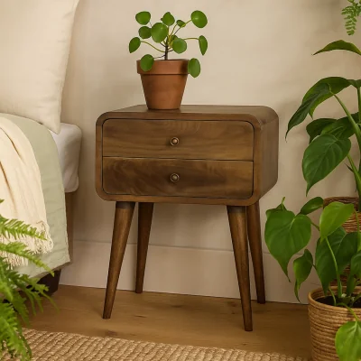 The Range Trapani Curved Washed Mango Wood Bedside Table 2 Drawers - Brown