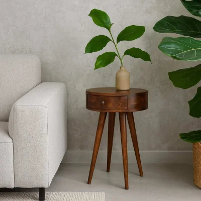 The Range Bonnieux Chestnut Mango Wood Round Bedside Table with Drawer - Brown