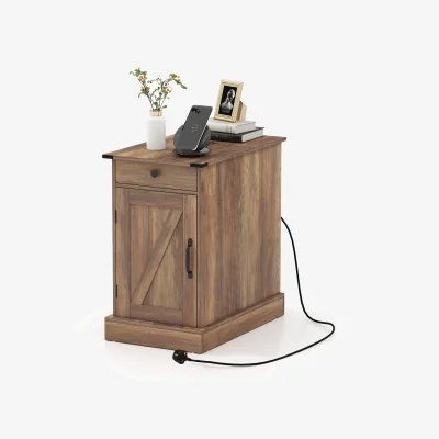 The Range Narrow Wooden Nightstand with Power Outlets - Brown