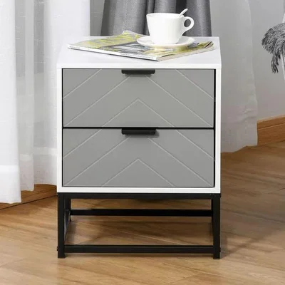The Range Chevron Bedside Table With 2 Drawers - White and Grey