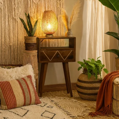 The Range Wyld Haus Ferrara Mini Bedside Table - Mango Wood with Gold Brass Inlay - Brown