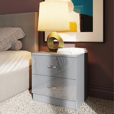 The Range High Gloss 2 Drawer Bedside Table Nightstand - High Gloss Grey