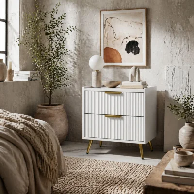 The Range Yoha White and Gold Ribbed 2 Drawer Bedside Table