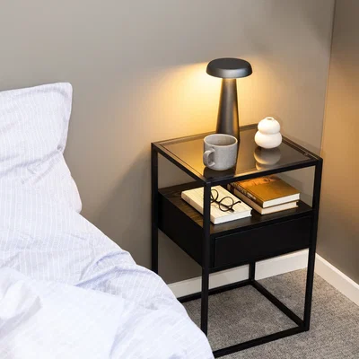 The Range Randolf Bedside Table in Black with Smoked Glass - Black & Smoked Glass
