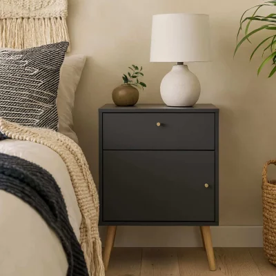 The Range Quietbloom Dark Grey Bedside Table, 1 Door 1 Drawer, Solid Oak Legs - Grey