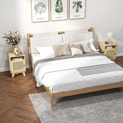 The Range Nightstand Bedside Table with Drawer and Shelf End Table with Rattan Element - Natural