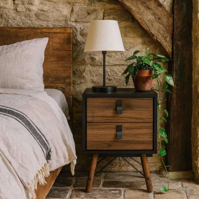 The Range Juno Bedside Table - Dark Walnut with Black Hairpin Legs, 2 Drawers - Black