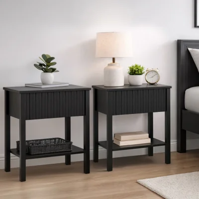 The Range Pair of Axis 1 Drawer Fluted Bedside Cabinet Chest Table Black - Black