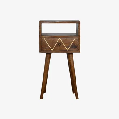 The Range Mini Geometric Brass Inlay 1 Drawer Bedside Table With Open Slot - Brown
