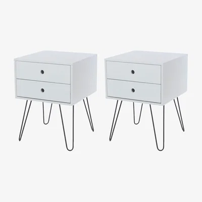 The Range Set of 2 Options 2 Drawer Bedside Cabinet with Painted Finish, Black Metal Leg - White