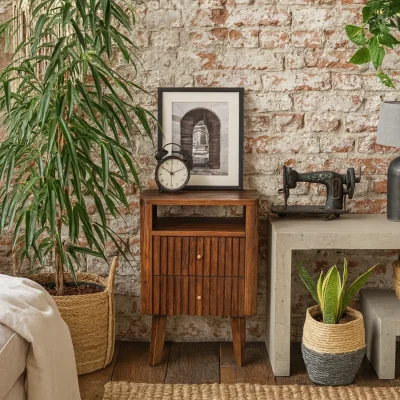 The Range Brisighella Slatted Retro Mango Wood Bedside Table 2 Drawers and Open Shelf Chestnut - Brown