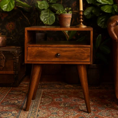 The Range Chioggia Chestnut Mango Wood Bedside Table with Drawer and Open Shelf - Brown