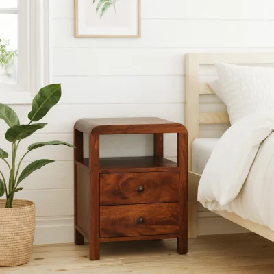 The Range Tropea Mango Wood Bedside Table Chestnut Satin 2 Drawers and Shelf - Brown