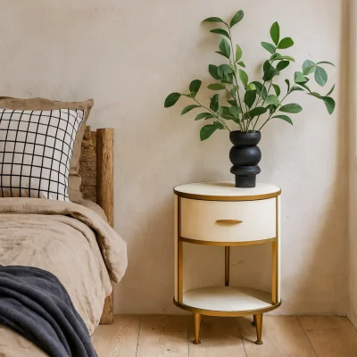 The Range Treviso Ivory Faux Shagreen Round Bedside Table with Drawer - Ivory