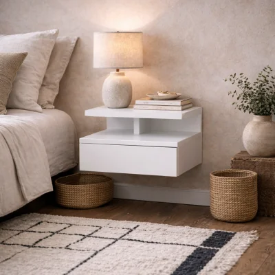 The Range Lincoln Floating Bedside Table Wall Mounted Gloss 1 Drawer and Open Shelf - White