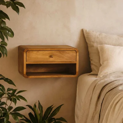 The Range Perugia Floating Bedside Table Wall Mounted Solid Mango Wood ish Matt Finish - Brown