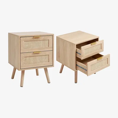The Range HomeScape Set of 2 Bedside Table Wood and Rattan Side Cabinet - Natural