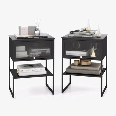 The Range Pair of Black Retro Bedside Tables with Storage - Black