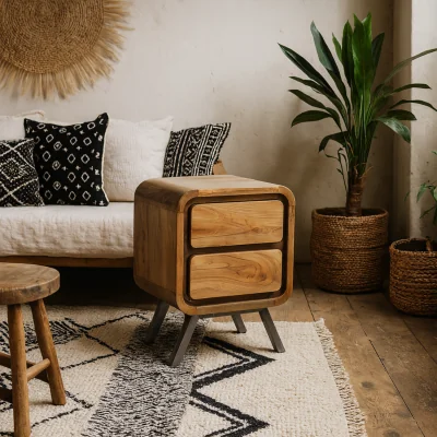 The Range Los Angeles Reclaimed Wood and Metal 2 Drawer Bedside Table - Brown