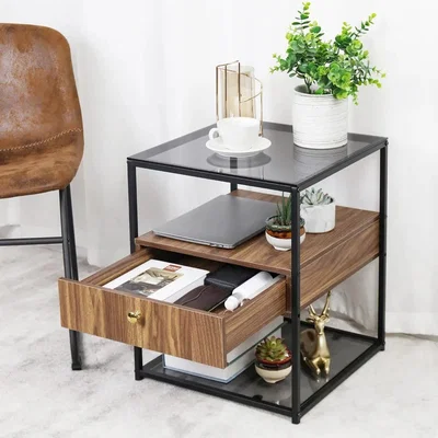 The Range Modern Tempered Glass Bedside Table with Drawer - Black