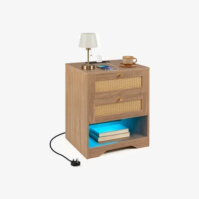 The Range Rattan Bedside Table Nightstand with Charging Station - Brown