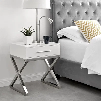 The Range Oxford White Gloss and Chrome Bedside Table - White