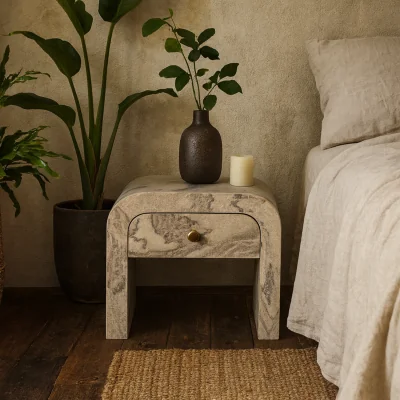 The Range Eguisheim Marble Effect Mango Wood Bedside Table - Brown