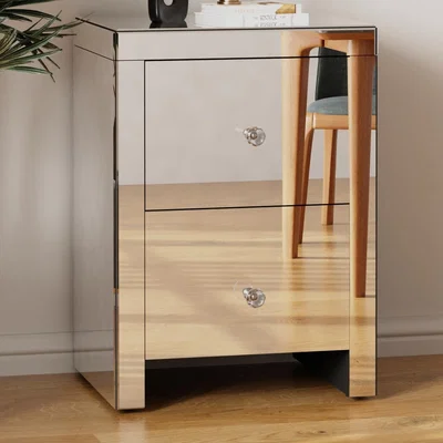 The Range Large 2 Drawer Mirrored Bedside Table with Crystal Handles - Silver