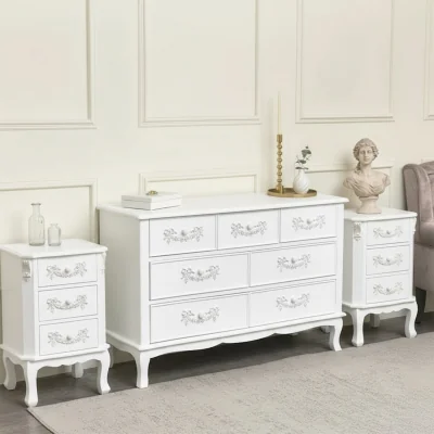 The Range Antique White 7 Drawer Chest Of Drawer & Pair Of 3 Drawer Bedside Tables - Pays Blanc Range