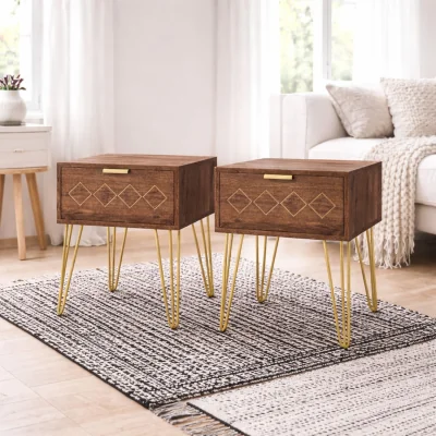 The Range Keso Set of 2 Bedside Tables with Drawers and Gold-Tone Legs