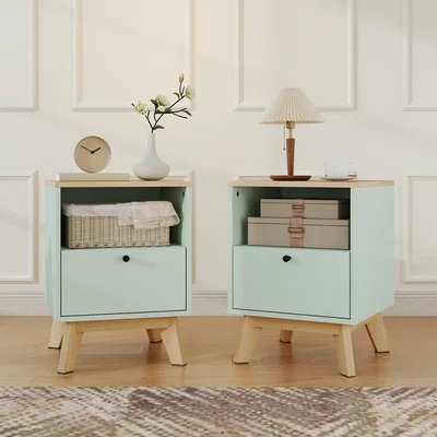 The Range HOMCOM Modern Nightstand Set of 2, Bedside Table with Drawer - Light Green