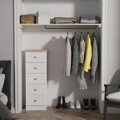 The Range Sussex Fully Assembled 5 Drawer Bedside Cabinet - White Ash & Bardolino Oak