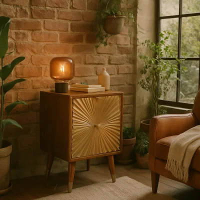 The Range Merano Mango Wood Bedside - 2-Drawer Chestnut Finish with Brass Accents - Brown