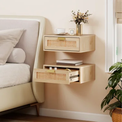 The Range HOMCOM Floating Bedside Tables Set of 2 Boho with Rattan Drawer - Oak