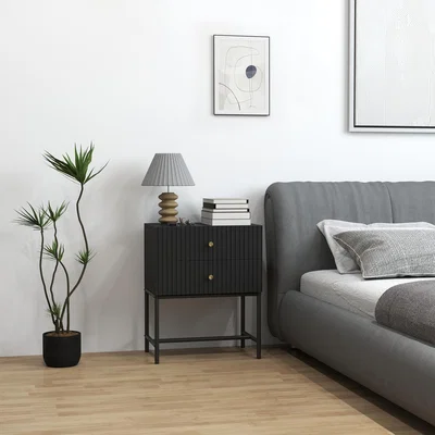 The Range HOMCOM Modern Bedside Table with 2 Drawers and Metal Legs - Black