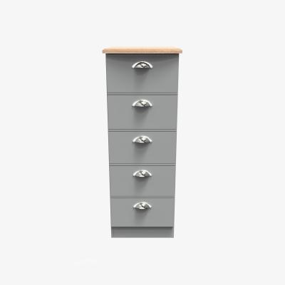 The Range Victoria Fully Assembled 5 Drawer Bedside Cabinet - Dusk Grey & Riviera Oak